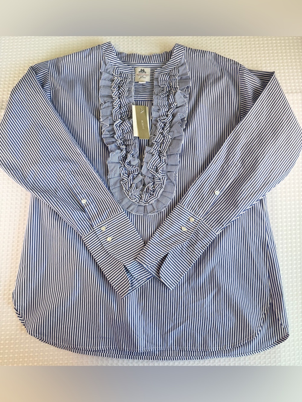 J. Crew Thomas Mason Blouse Blue & White Gingham Stripe Ruffled V Neck Sz 2 NWT